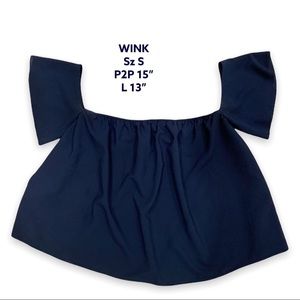 WINK navy blue chiffon blend off shoulder flowy cropped top Sz S
